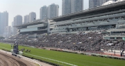 圖14, 15<br>
沙田馬場是日舉行國際馬壇盛事浪琴表香港國際賽事，看台人山人海。

