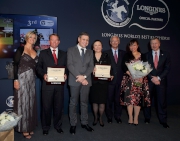 Able Friend��s co-owner Mrs Tisa Li (fourth from right) and her daughter Charmaine Li (second from right) with Louis Romanet (third from right), Chairman of the International Federation of Horseracing Authorities; Winfried Engelbrecht-Bresges (first from right), Vice-Chairman of the International Federation of Horseracing Authorities and Chief Executive Officer of The Hong Kong Jockey Club; Juan-Carlos Capelli (fifth from right), Vice-President of LONGINES and Head of International Marketing; as well as the connections of another co-third best horse in the world in 2014 �V South African racehorse Variety Club, at the 2014 LONGINES World��s Best Racehorse Ceremony.