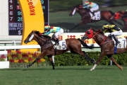 The David Hall-trained Solar Hei Hei (No. 5), ridden by Brett Prebble, takes the Guangdong - Hong Kong Cup at Sha Tin Racecourse today.