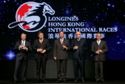 Officiating guests toast success on stage at the LONGINES Hong Kong International Races Gala Party. 
(From left) 
Mr Winfried Engelbrecht-Bresges, Chief Executive Officer of HKJC
Mr Juan-Carlos Capelli, Vice President and Head of International Marketing of LONGINES
Dr Simon S O Ip, Chairman of HKJC
Mr Walter von Känel, President of LONGINES International
Mr Anthony W K Chow, Deputy Chairman of HKJC
