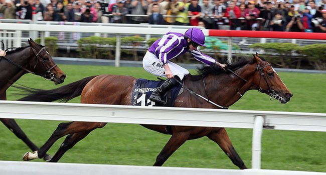 The A P O’Brien-trained Highland Reel with Ryan Moore in the saddle wins the LONGINES Hong Kong Vase (Group 1-2400M).