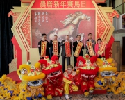 All guests offer their CNY greetings and gather for a group photo at today��s press conference. (From left): Renowned cross-media artist Simon Ma; Anthony Kelly, HKJC Executive Director of Racing Business and Operations; Winfried Engelbrecht-Bresges, HKJC Chief Executive Officer; Richard Cheung, HKJC Executive Director of Customer and Marketing; singer Adam Cheng and  Feng Shui master Mak Ling Ling.