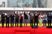 Club Steward Dr Eric Li Ka Cheung (5th right) joins HKSAR Financial Secretary John Tsang (centre) and Hong Kong Federation of Youth Groups Executive Director Dr Rosanna Wong (5th left) at the opening ceremony of the HKFYG Jockey Club Community Team Sports programme.  Dr Eric Li Ka Cheung says the programme is aimed at arousing young peoplea?s interest in taking up physical activities by injecting various new elements, so as to make exercise become a regular habit.