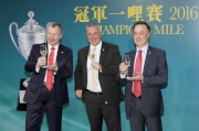 (From left) Winfried Engelbrecht-Bresges, CEO of HKJC; Anthony Kelly, Executive Director of Racing Business and Operations of HKJC; and Nigel Gray, Head of Handicapping and Race Planning of HKJC toast for the successful completion of the Champions Mile and Chairman��s Sprint Prize 2016.