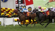 Photo 1, 2, 3<br>
The John Moore-trained Invincible Dragon (No.5), ridden by Sam Clipperton, takes the Class 1 Chinese New Year Cup (1400m) at Sha Tin Racecourse today.